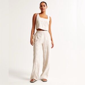 Abercrombie & Fitch Linen Blend Embroidered Wide Leg Pants Beige Size XL